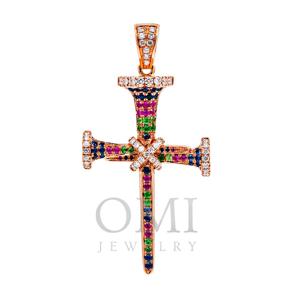 14K ROSE GOLD UNISEX CROSS WITH 0.42 CT  DIAMONDS AND 0.70 CT SAPPHIRES