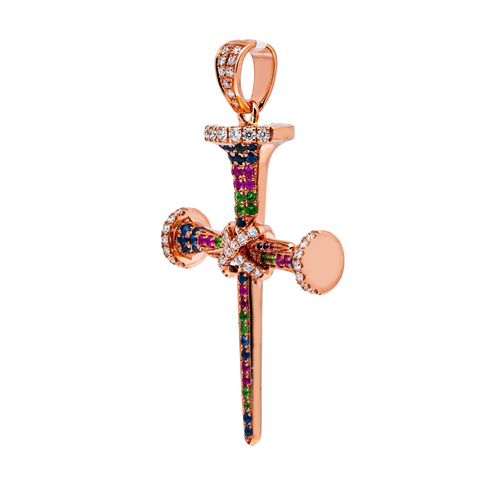 14K ROSE GOLD UNISEX CROSS WITH 0.42 CT  DIAMONDS AND 0.70 CT SAPPHIRES