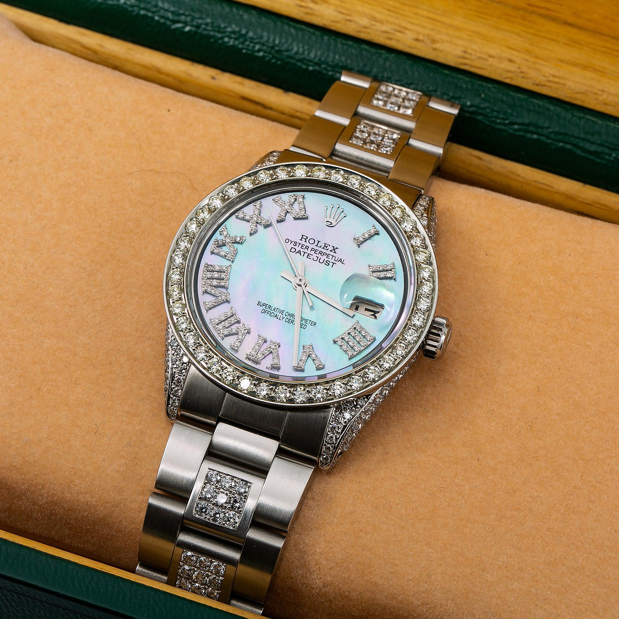 Rolex Datejust 36MM 1601 Blue Mother of Pearl Roman Diamond Dial Diamond Bezel Stainless Steel Semi Diamond Oyster Bracelet 6.75ct