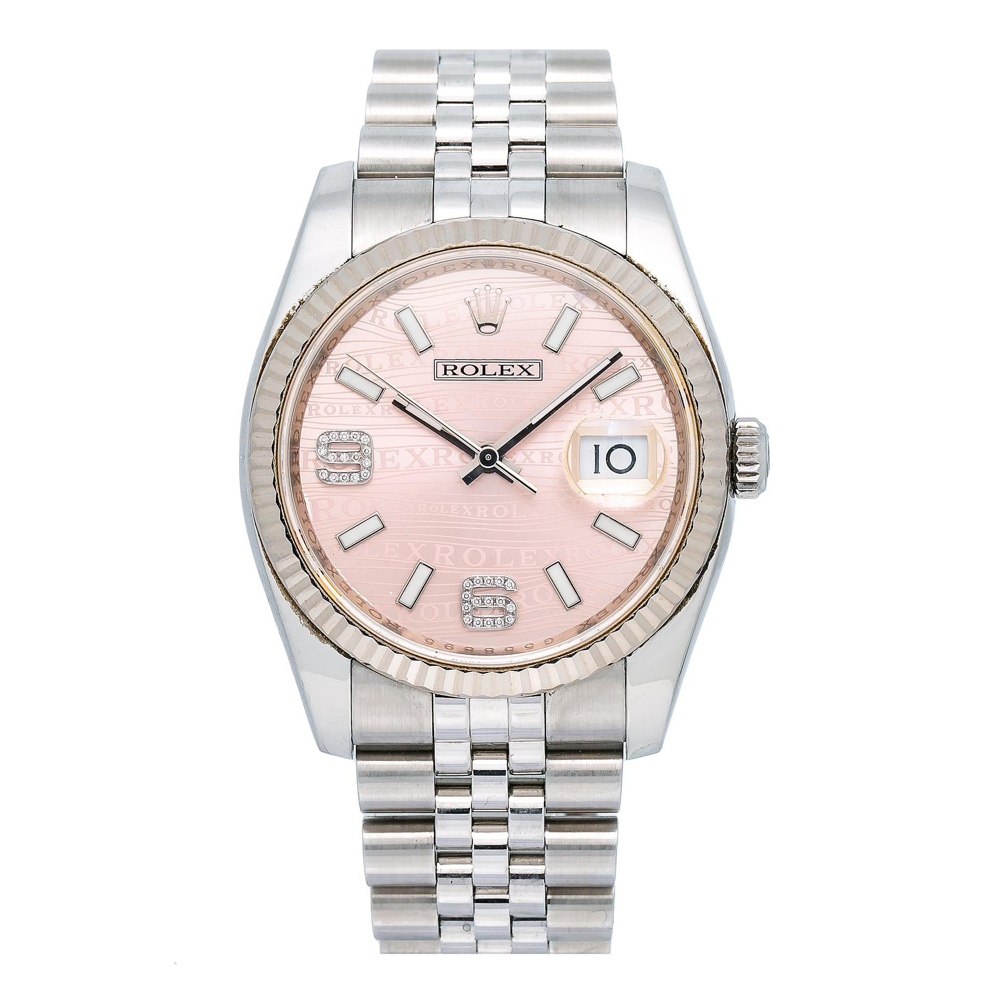 Rolex Datejust 36MM 116234 Pink Wave Arabic Dial White Gold Fluted Bezel Stainless Steel Jubilee Bracelet