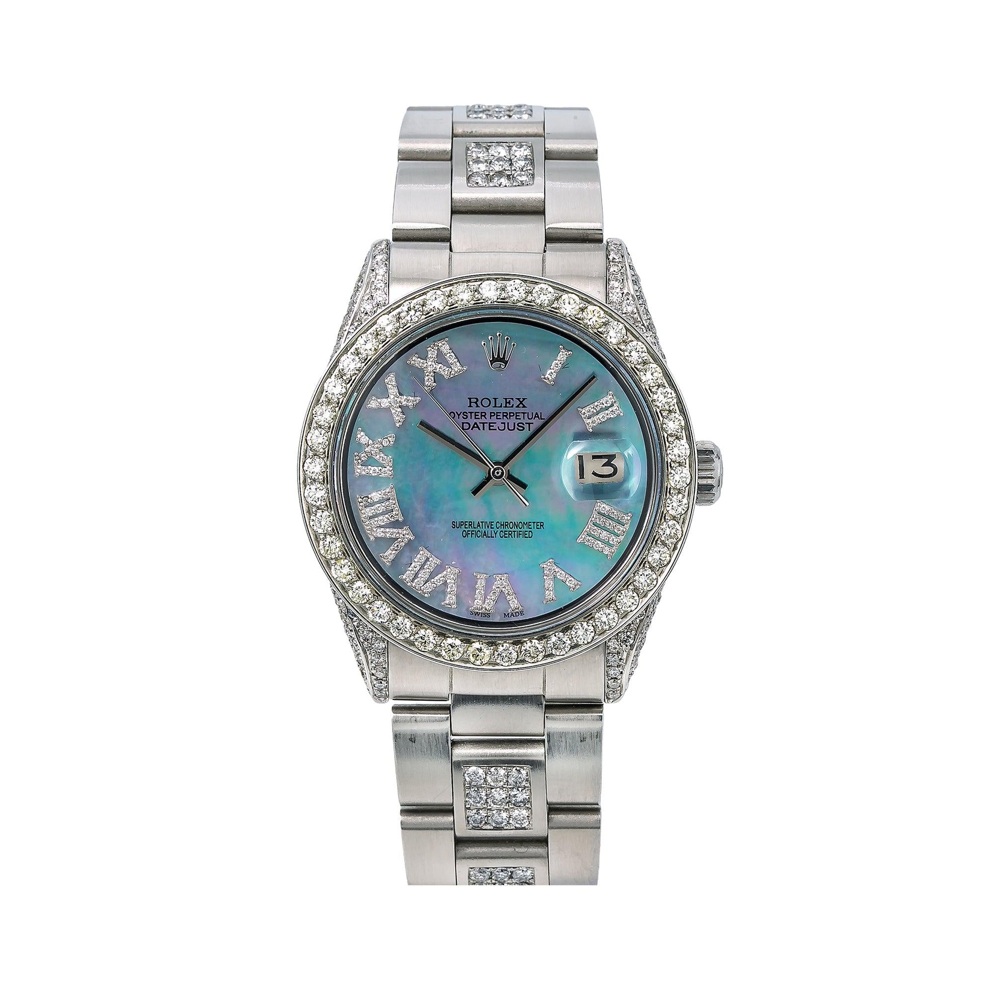 Rolex Datejust 36MM 1601 Blue Mother of Pearl Roman Dial Diamond Bezel Stainless Steel Semi Diamond Oyster Bracelet 6.75ct