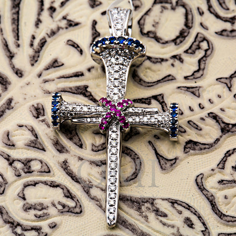 14K WHITE GOLD UNISEX CROSS WITH 0.65 CT  DIAMONDS AND 0.35 CT SAPPHIRES
