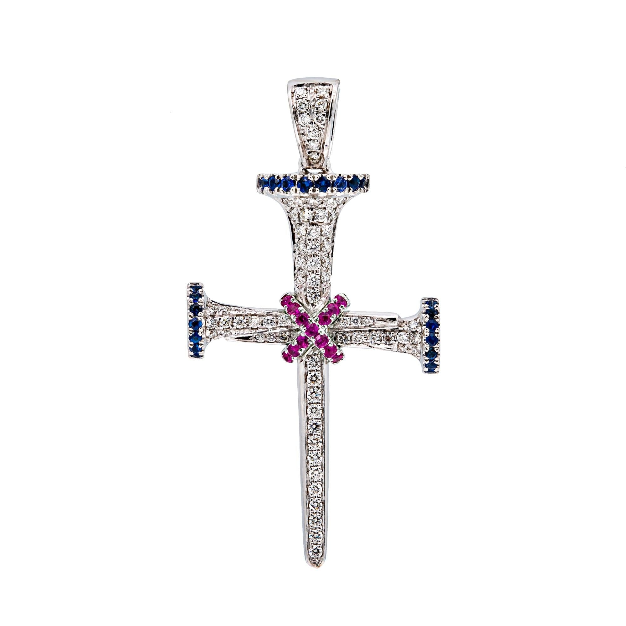 14K WHITE GOLD UNISEX CROSS WITH 0.65 CT  DIAMONDS AND 0.35 CT SAPPHIRES