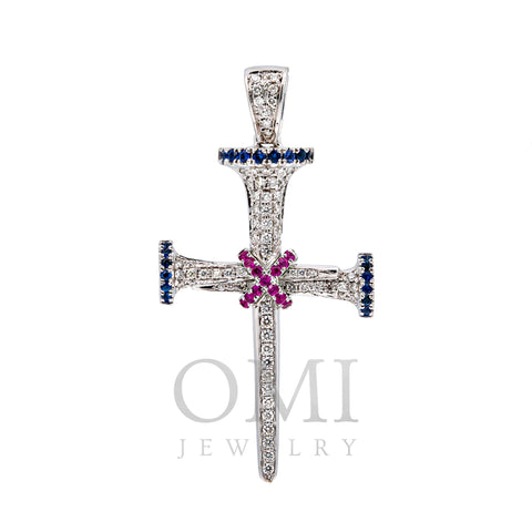 14K WHITE GOLD UNISEX CROSS WITH 0.65 CT  DIAMONDS AND 0.35 CT SAPPHIRES
