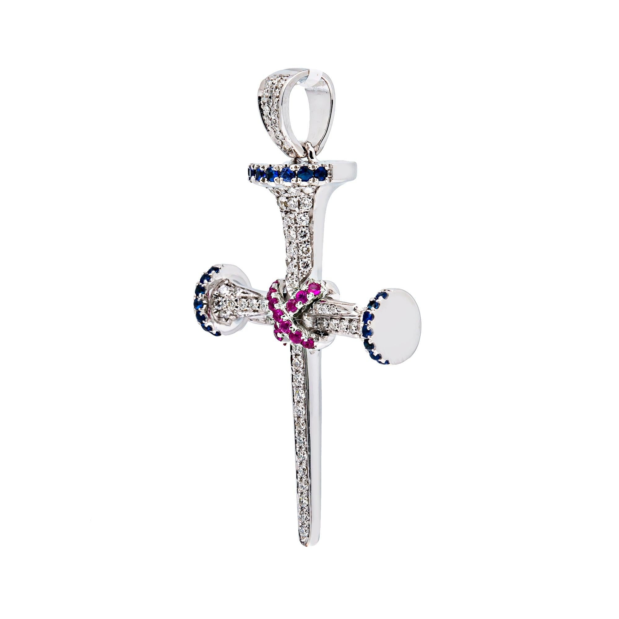 14K WHITE GOLD UNISEX CROSS WITH 0.65 CT  DIAMONDS AND 0.35 CT SAPPHIRES