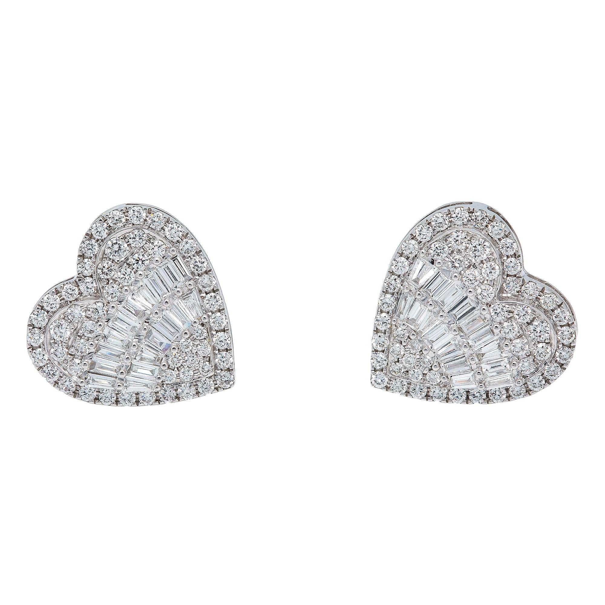 14K White Gold Baguette Diamond Heart Earrings 2.60CT
