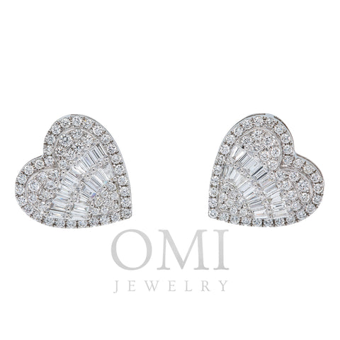 14K White Gold Baguette Diamond Heart Earrings 2.60CT