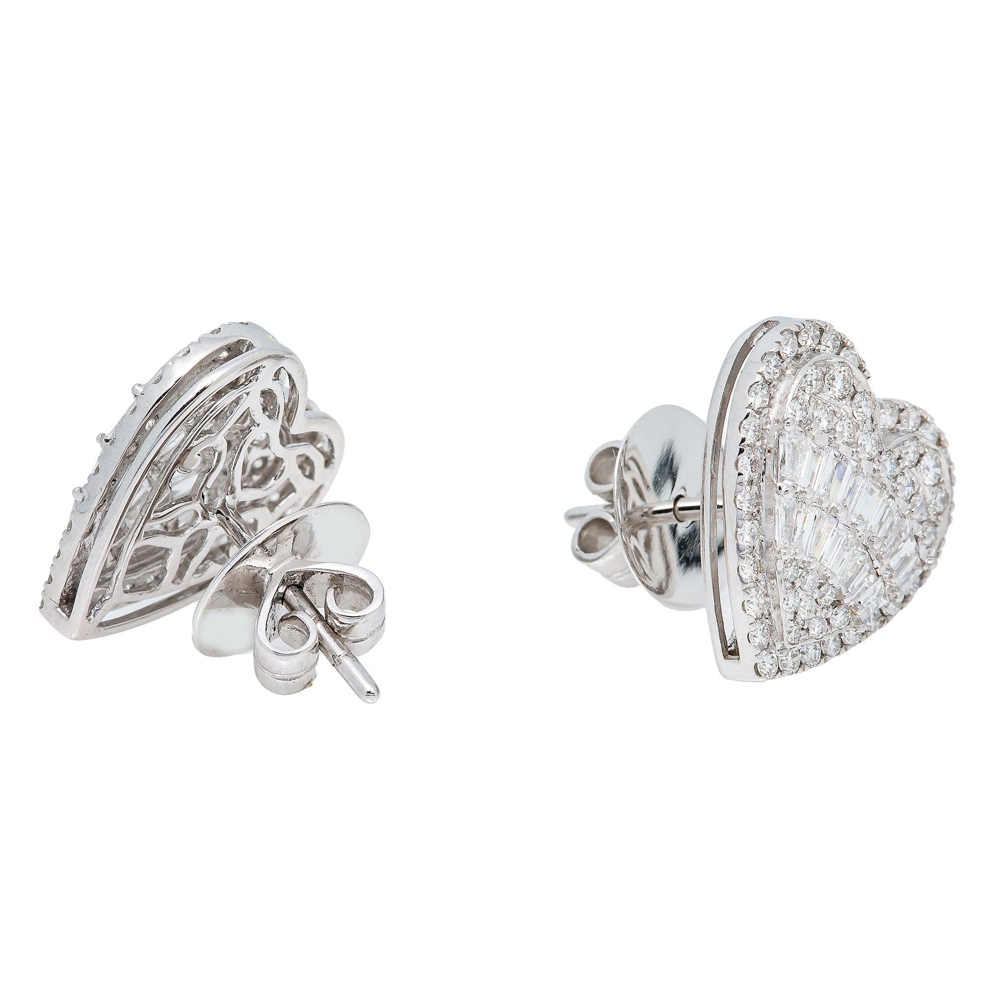 14K White Gold Baguette Diamond Heart Earrings 2.60CT
