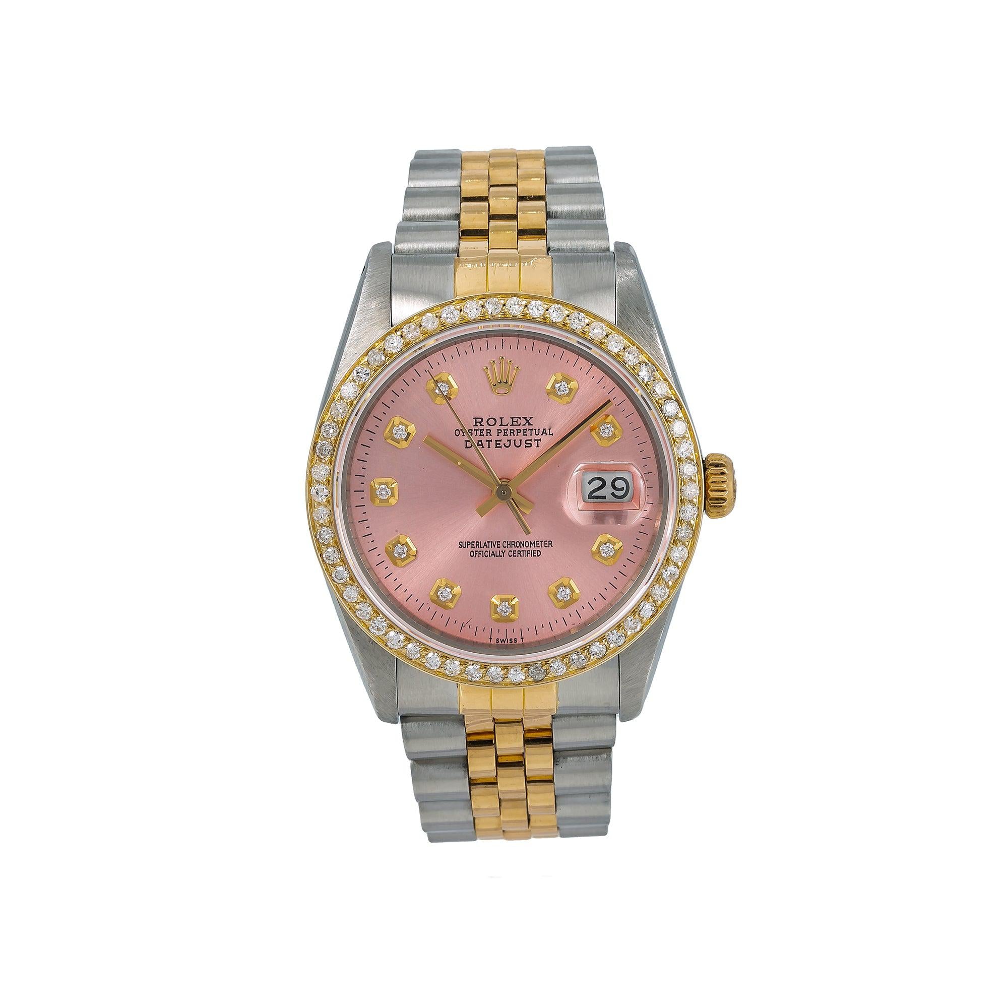 Rolex Datejust 36MM 16013 Pink Diamond Dial Diamond Bezel Two Tone Jubilee Bracelet 1.2ct