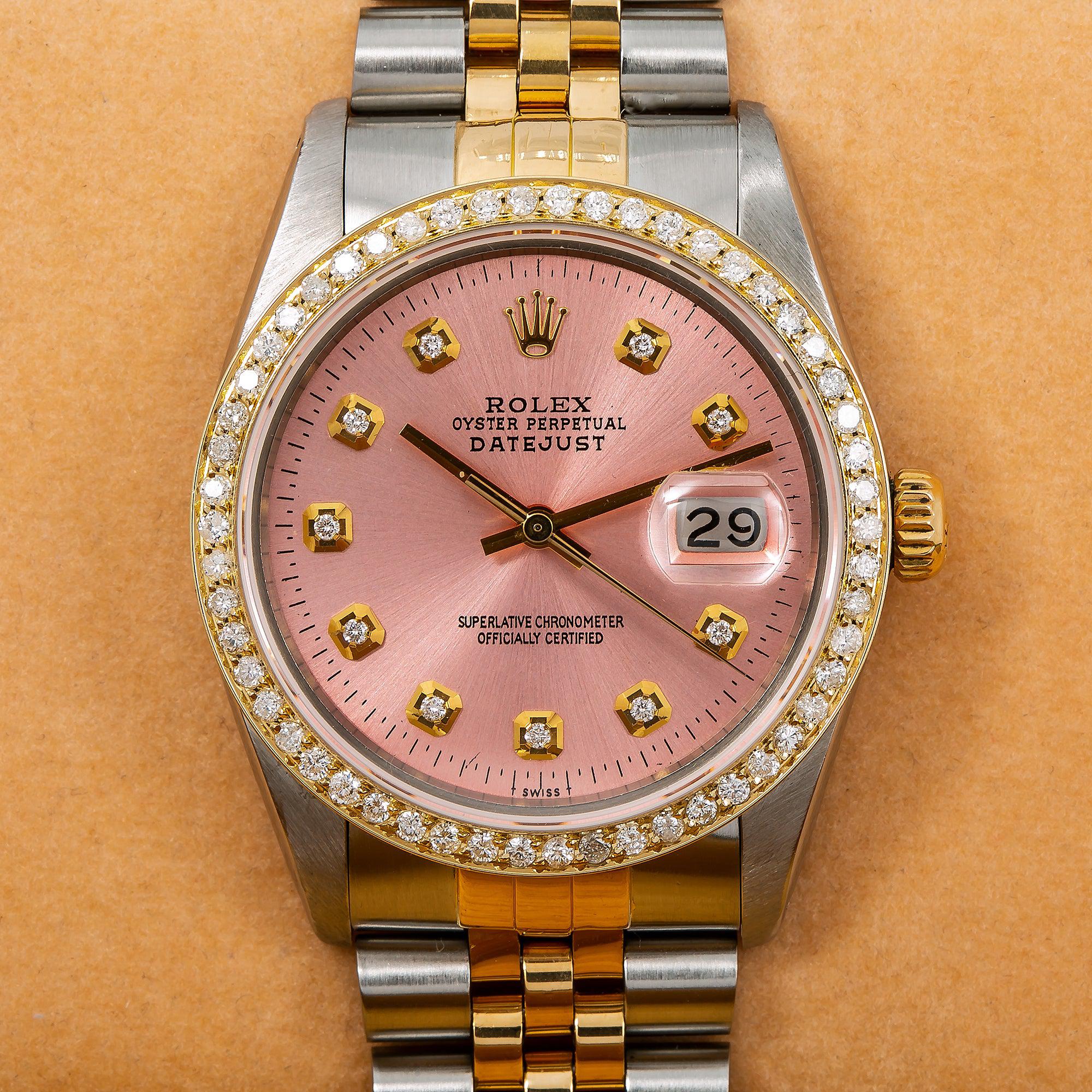 Rolex Datejust 36MM 16013 Pink Diamond Dial Diamond Bezel Two Tone Yellow Gold Jubilee Bracelet 1.2ct