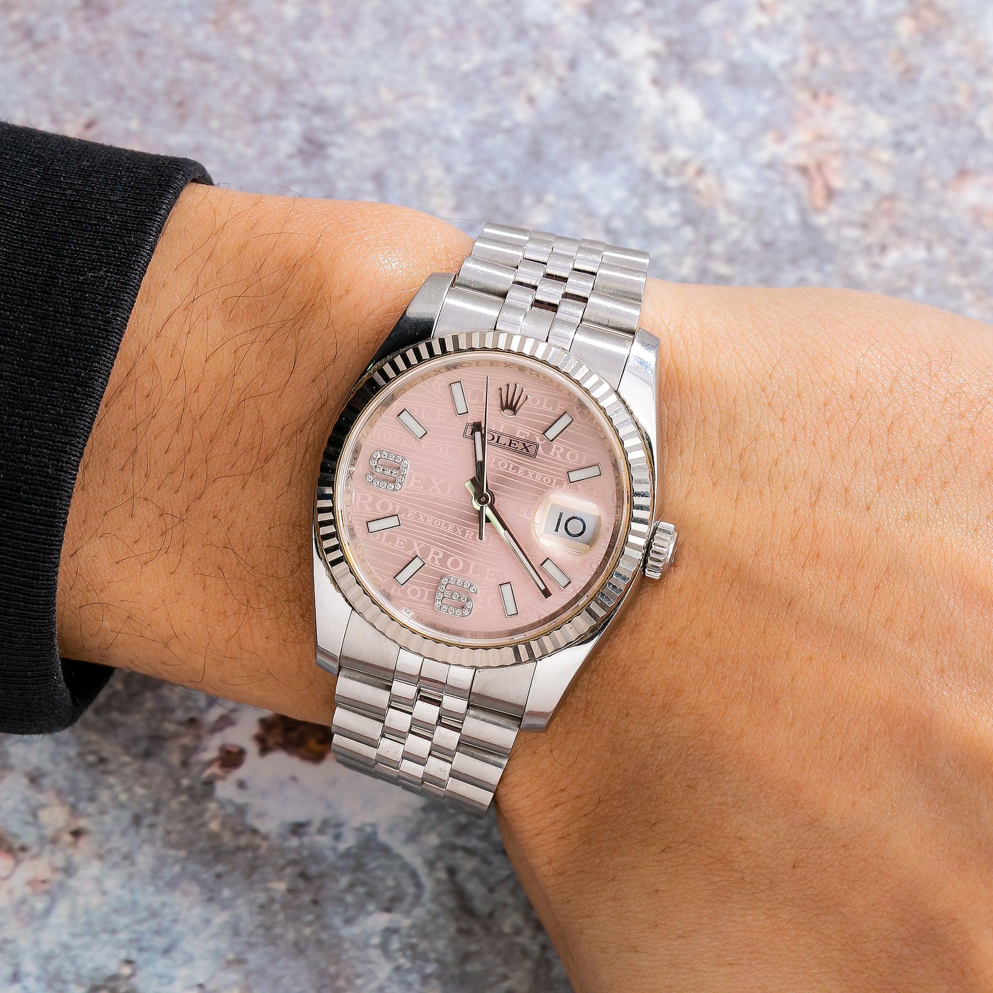 Rolex Datejust 36MM 116234 Pink Wave Arabic Diamond Dial Fluted Bezel Stainless Steel Jubilee Bracelet