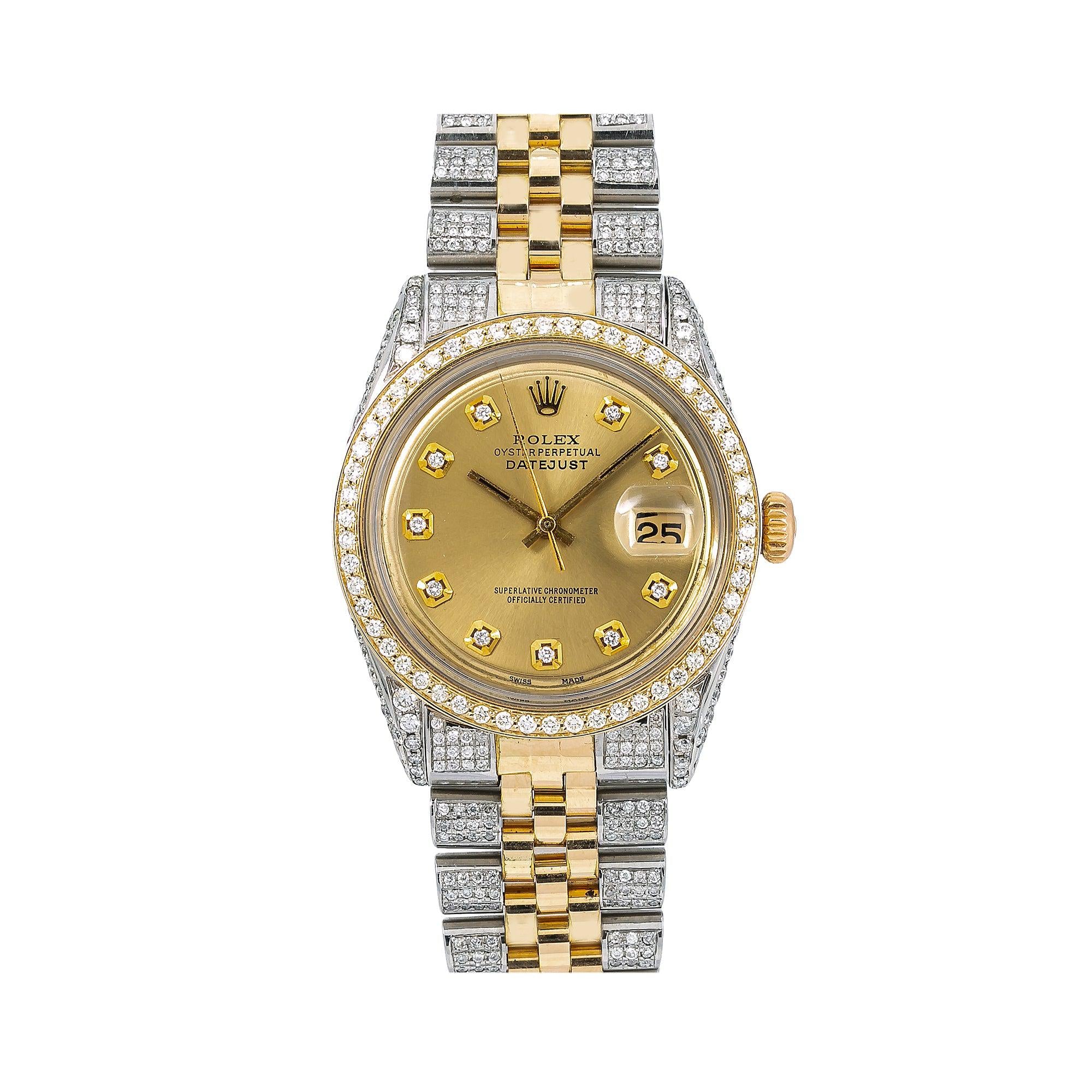 Rolex Datejust 36MM 1601 Champagne Diamond Dial Diamond Bezel Two Tone Semi Diamond Jubilee Bracelet 5ct