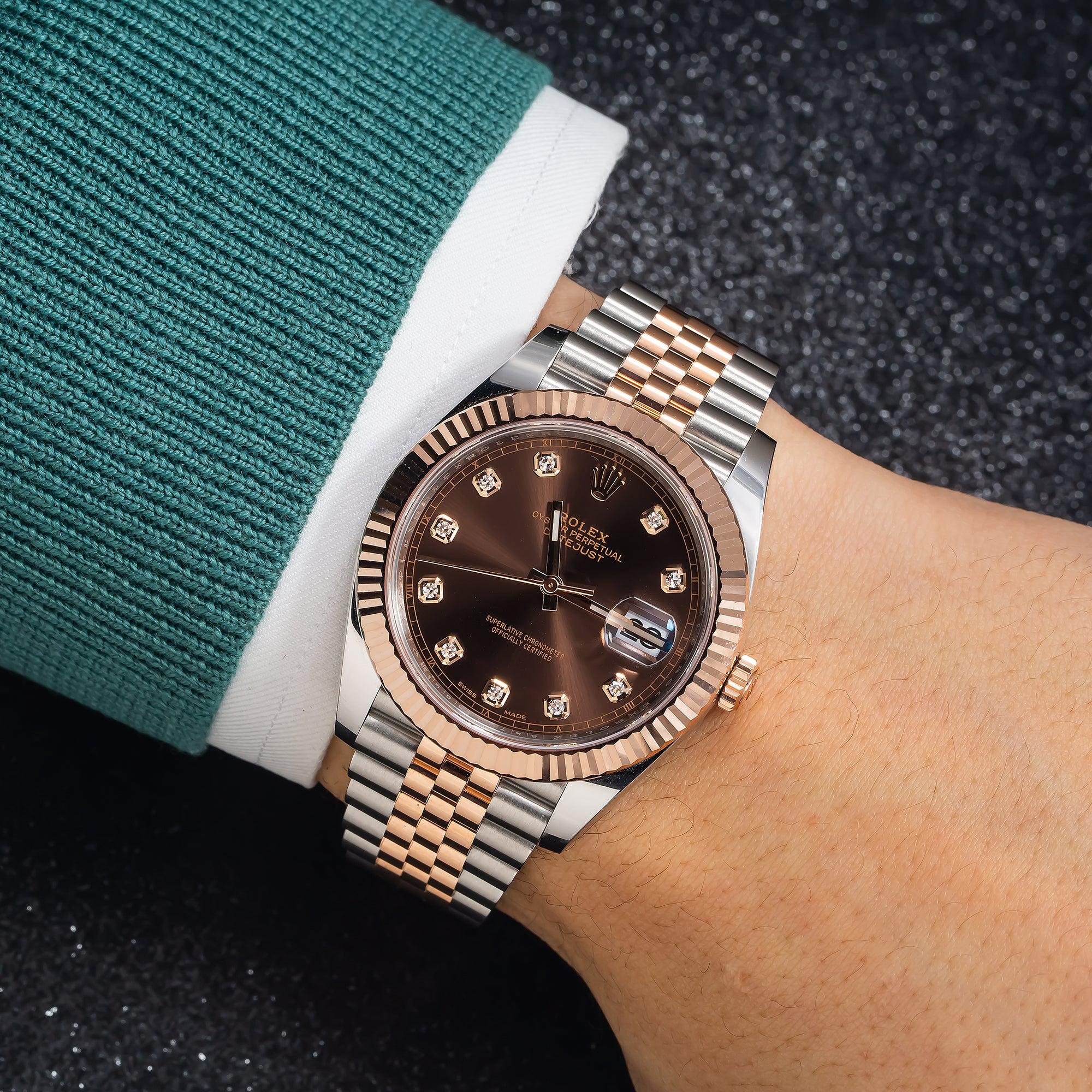 Rolex Datejust 41MM 126331 Chocolate Diamond Dial Fluted Bezel Two Tone Rose Gold Jubilee Bracelet
