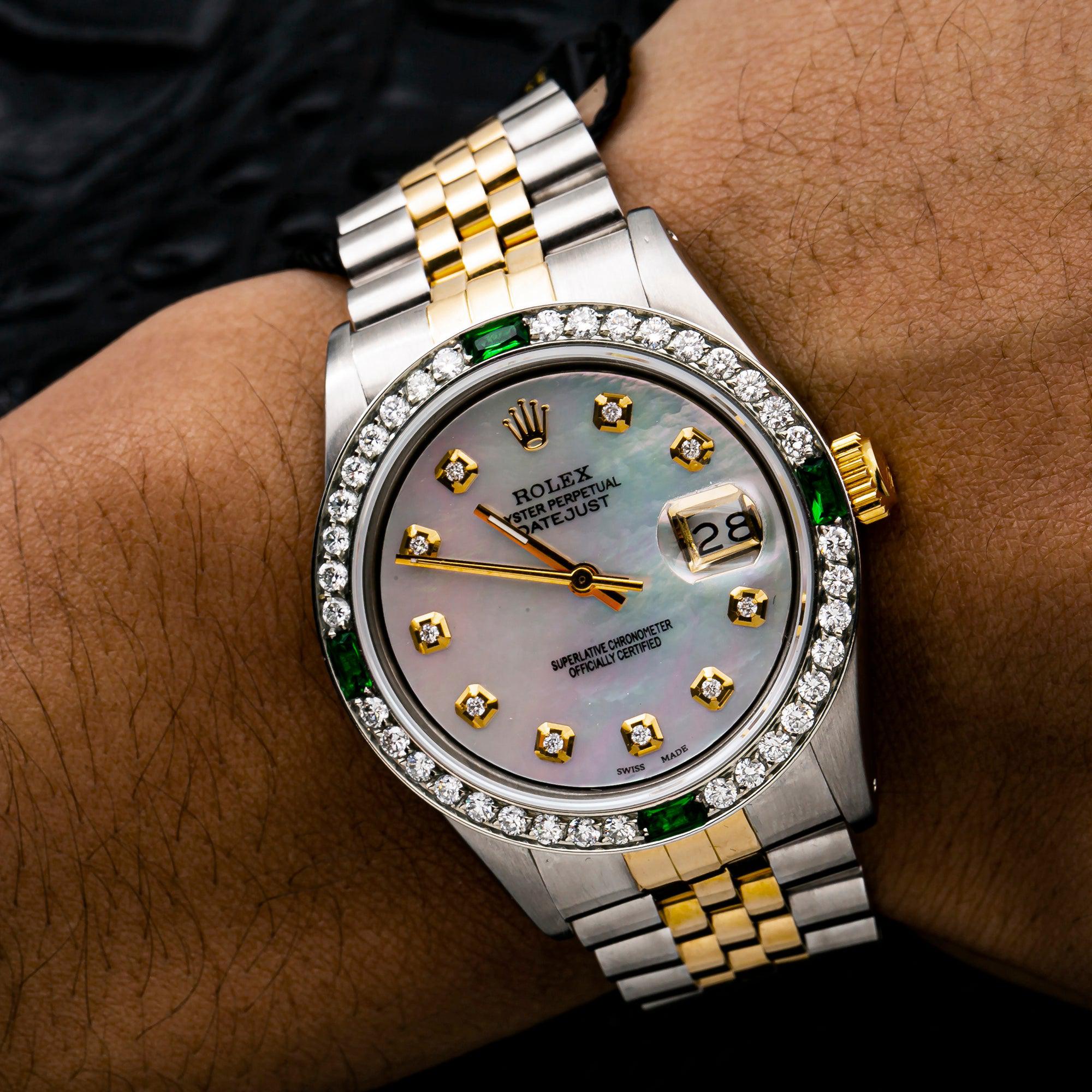 Rolex Datejust 36MM 16013 White Mother of Pearl Diamond Dial Diamond Bezel Two Tone Yellow Gold Jubilee Bracelet