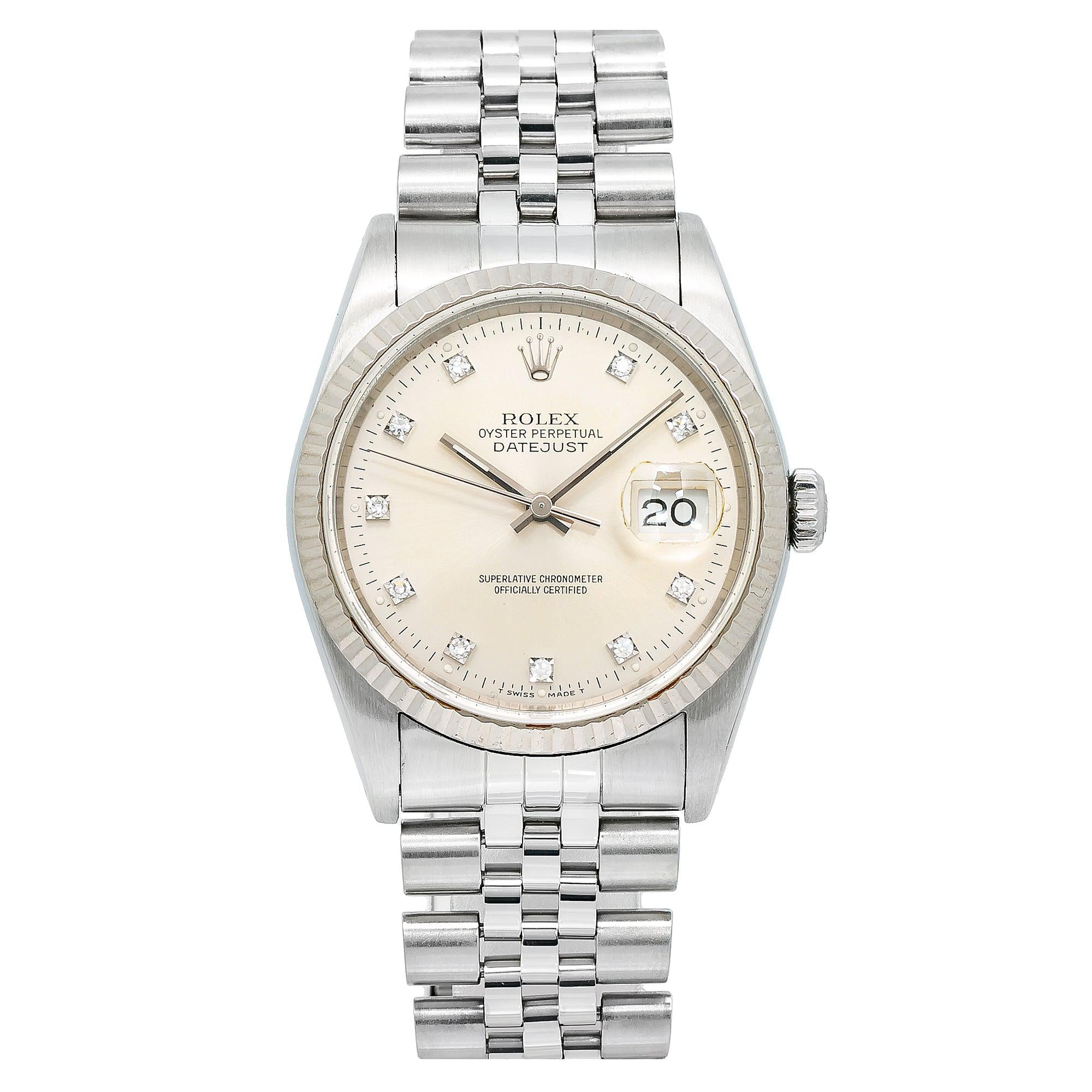 Rolex Datejust 36MM 16234 Silver Diamond Dial White Gold Fluted Bezel Stainless Steel Jubilee Bracelet
