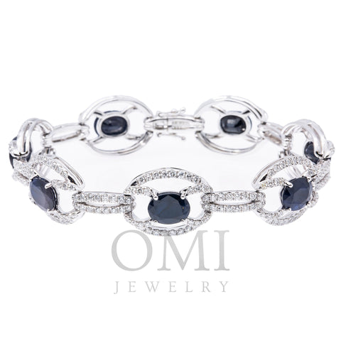 18K White Gold Diamond Bracelet With Round Shaped Sapphire Gemstone