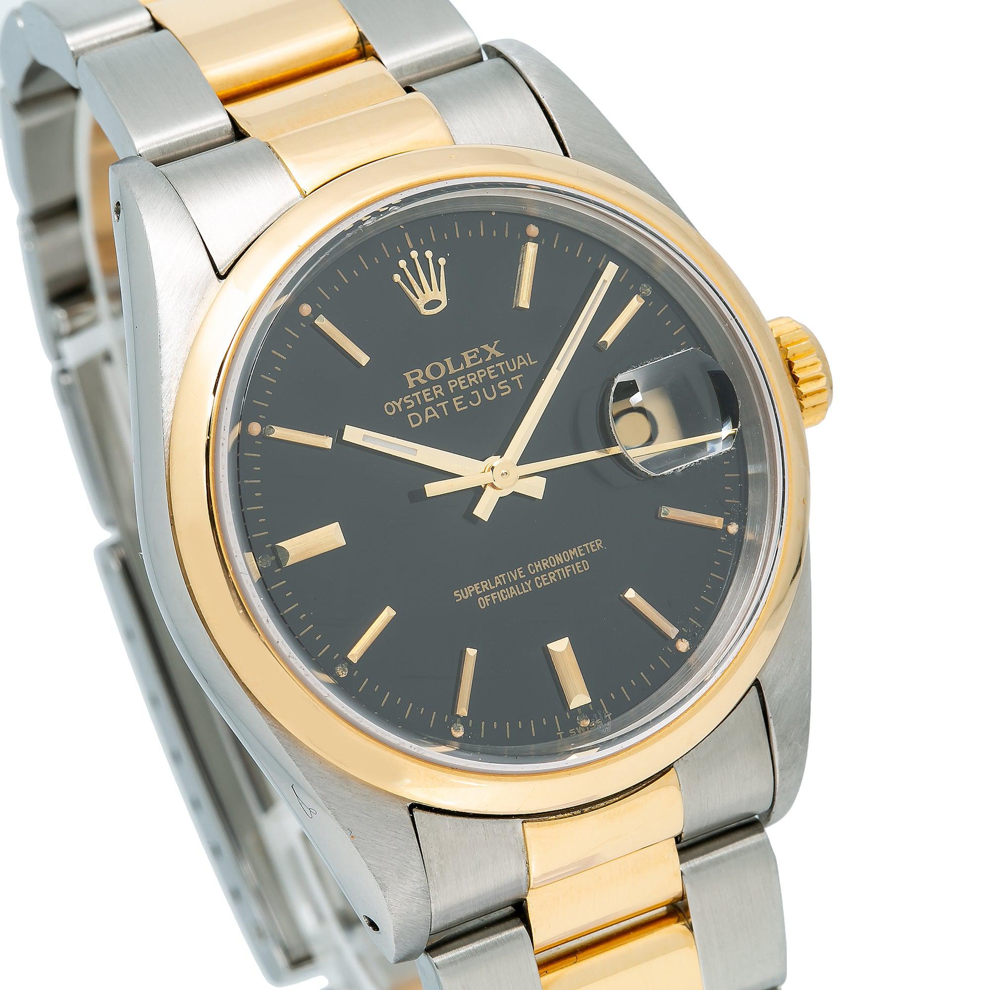 Rolex Datejust 36MM 16203 Black Diamond Dial Smooth Bezel Two Tone Yellow Gold Oyster Bracelet