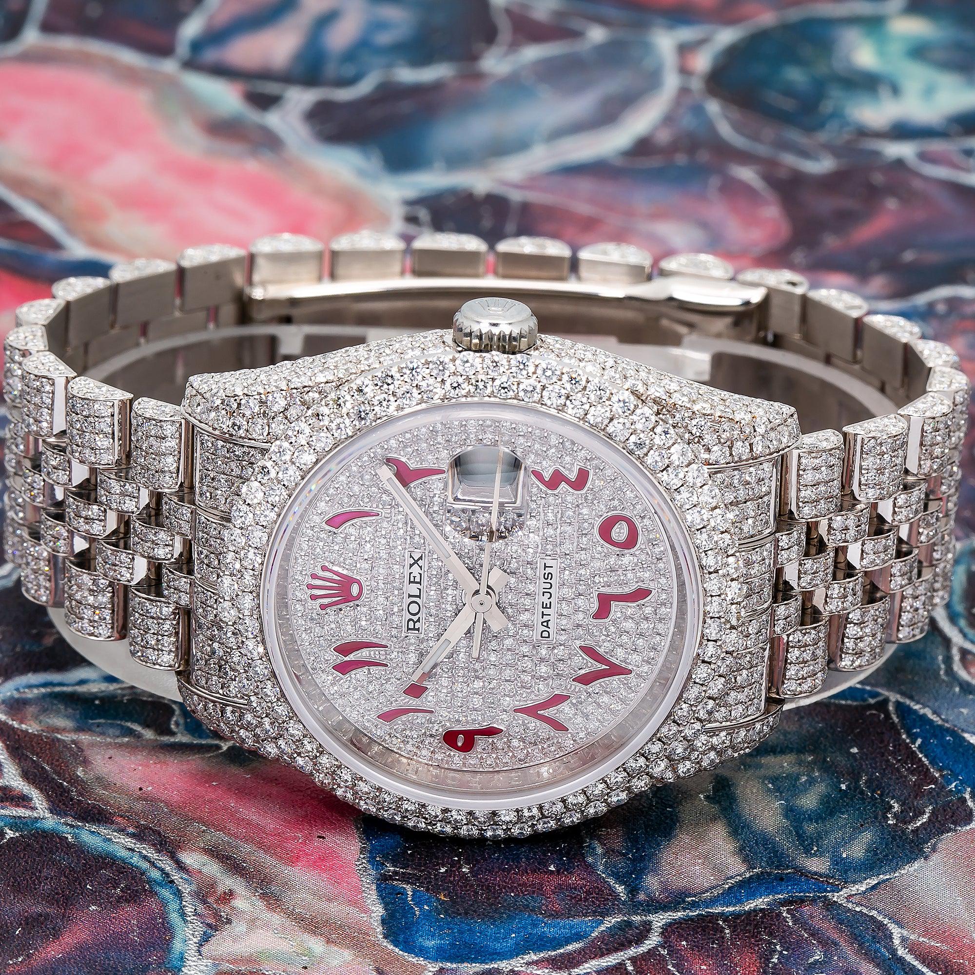 Two Tone Red Rolex Iced Out Arabic Dial Red Face Iced Out Rolex