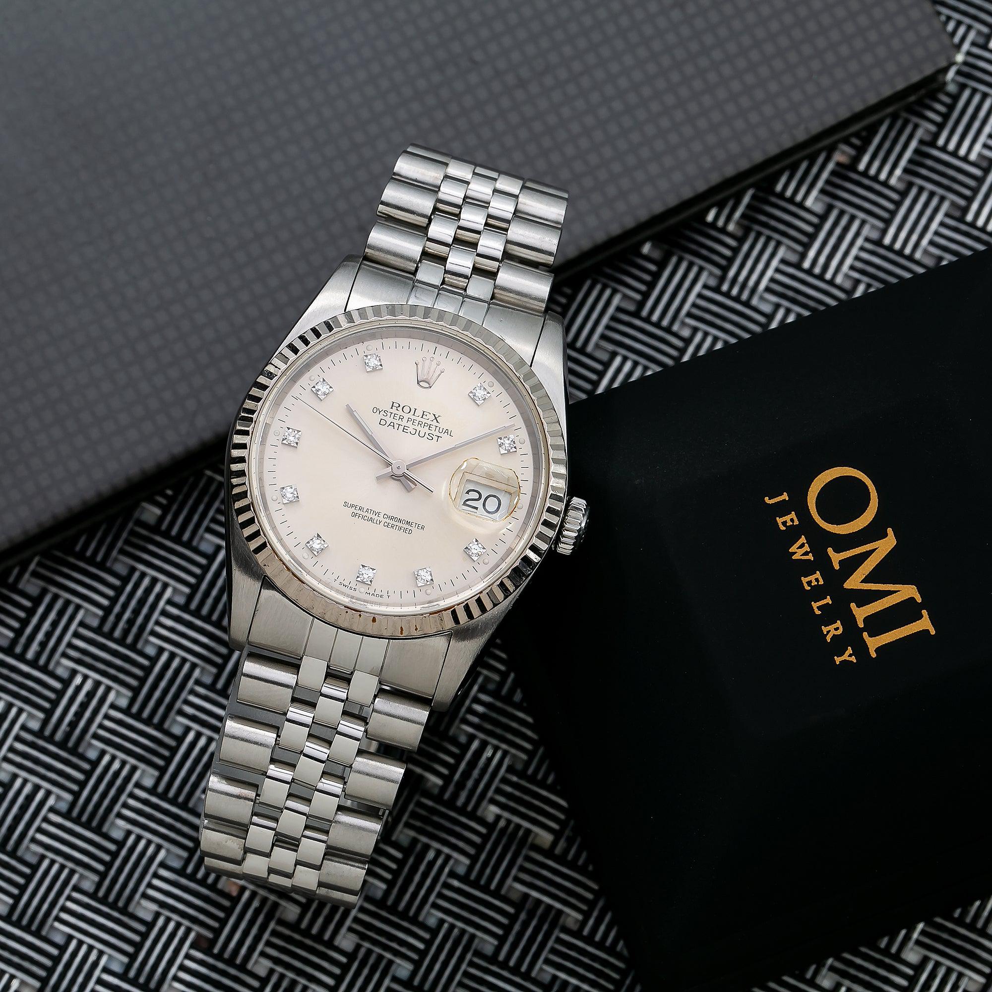 Rolex Datejust 36MM 16234 Silver Diamond Dial Fluted Bezel Stainless Steel Jubilee Bracelet