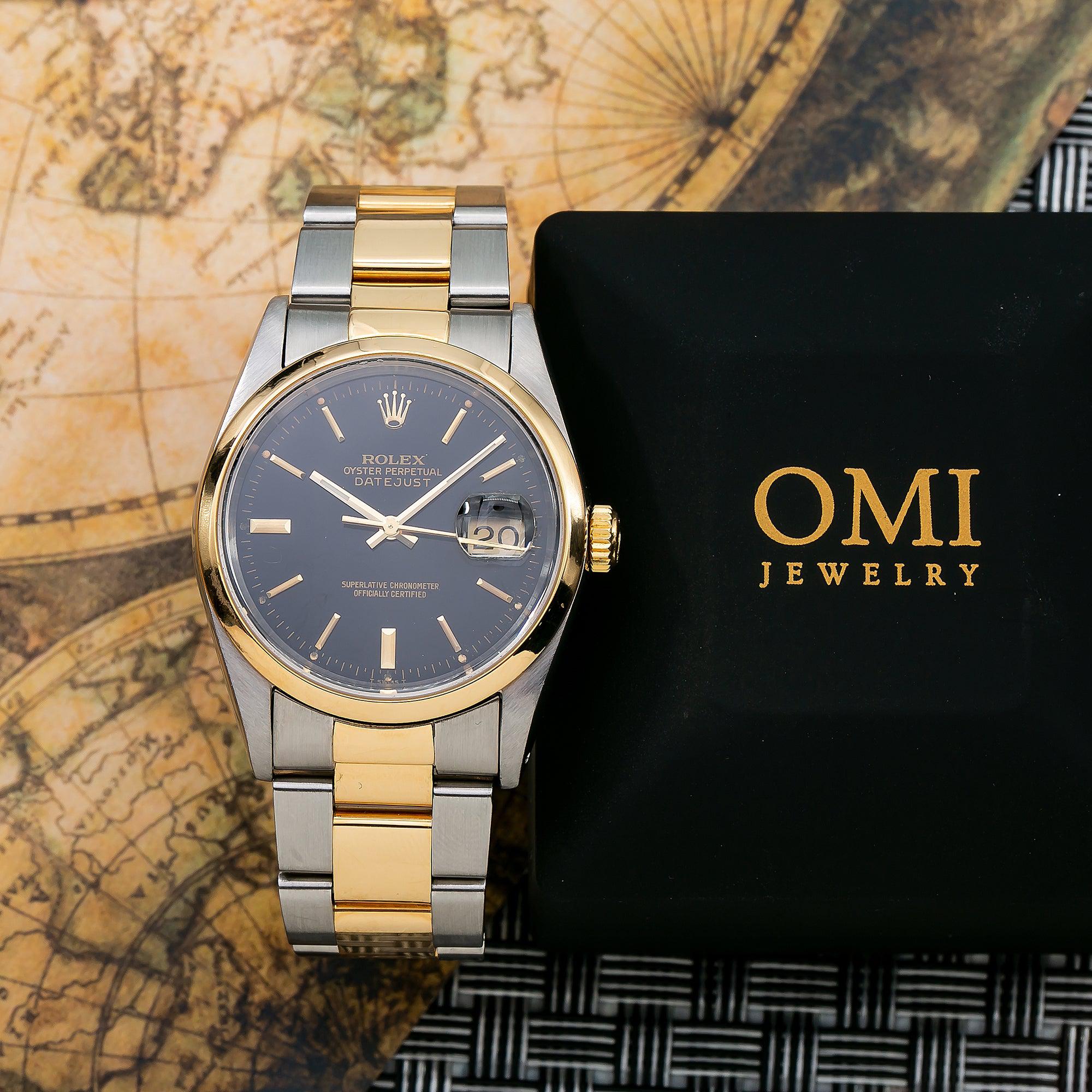 Rolex Datejust 36MM 16203 Black Diamond Dial Smooth Bezel Two Tone Yellow Gold Oyster Bracelet