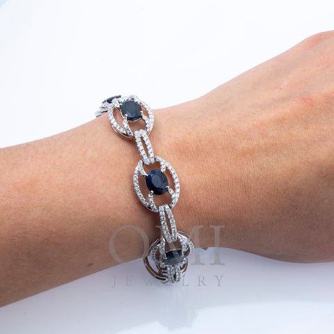 18K White Gold Diamond Bracelet With Round Shaped Sapphire Gemstone