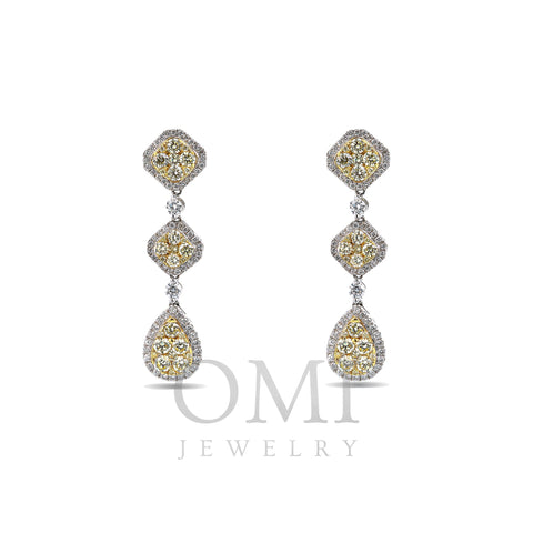 18K White Gold Ladies Drop Earrings With Total 3.07 CT Of Colored Diamonds