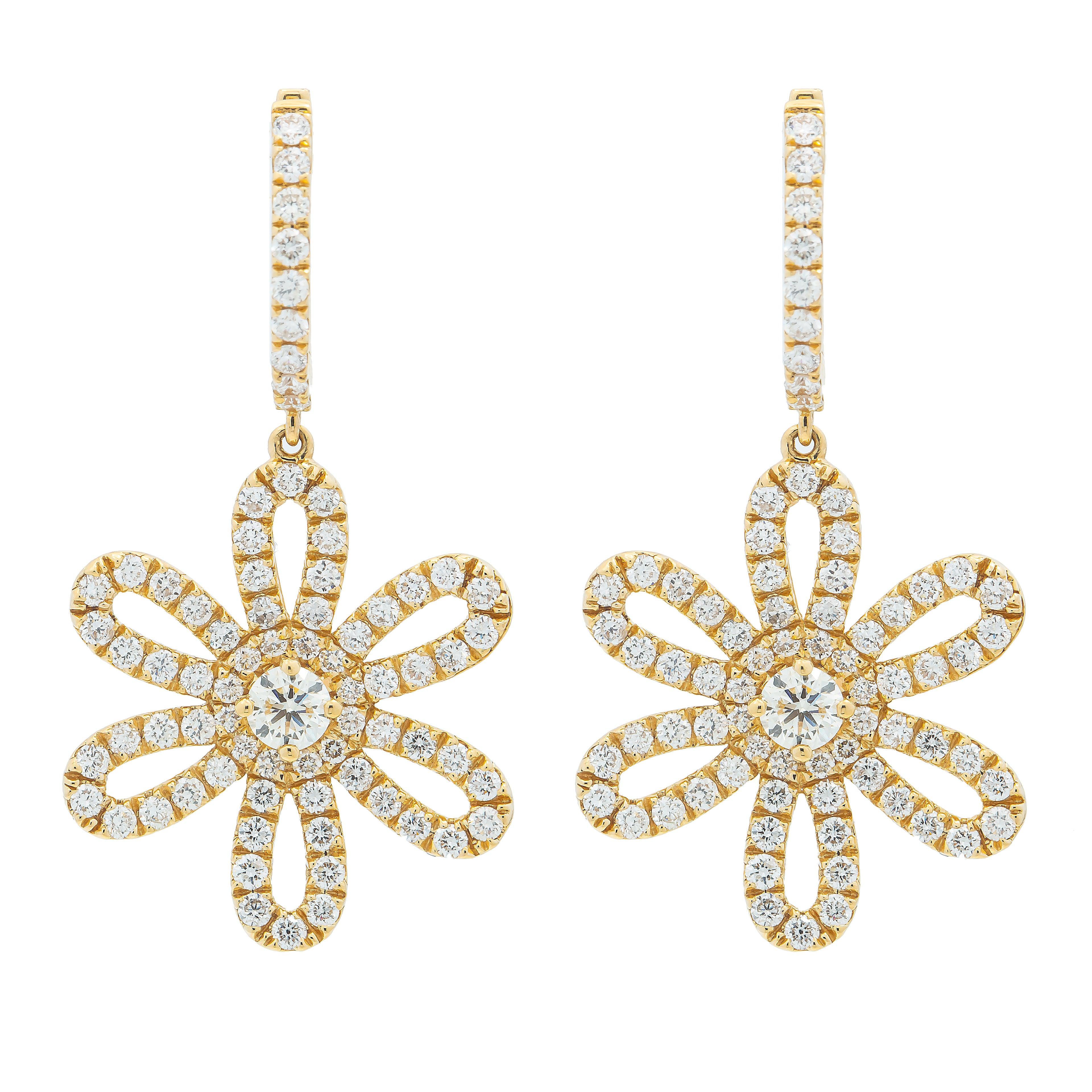 18K GOLD DIAMOND FLOWER DROP EARRINGS 2.57 CTW