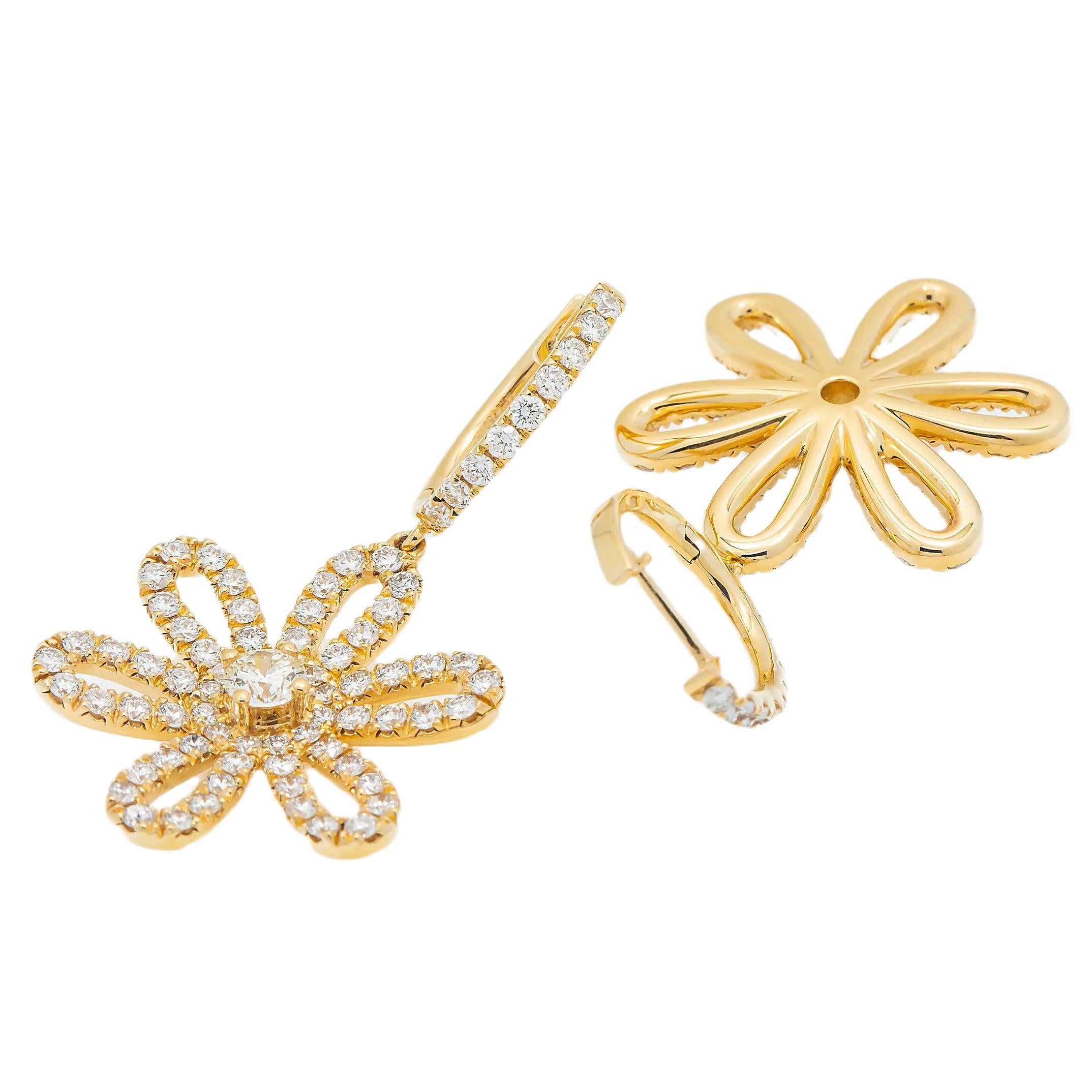 18K GOLD DIAMOND FLOWER DROP EARRINGS 2.57 CTW