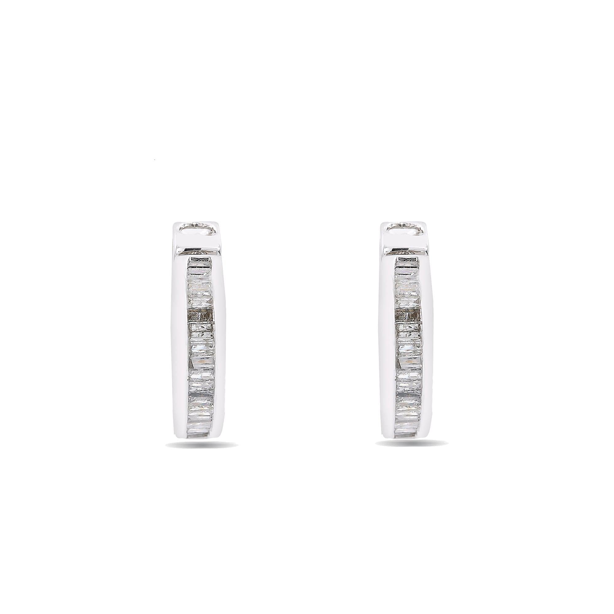 14K White Gold Hoops Earrings With 1.20 Emerald Diamonds