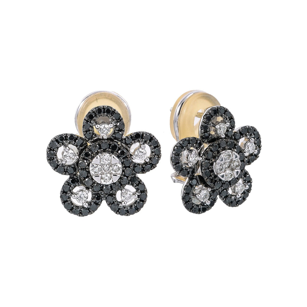 18K WHITE GOLD WHITE & BLACK DIAMOND FLOWER EARRINGS