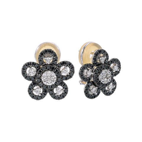 18K WHITE GOLD WHITE & BLACK DIAMOND FLOWER EARRINGS