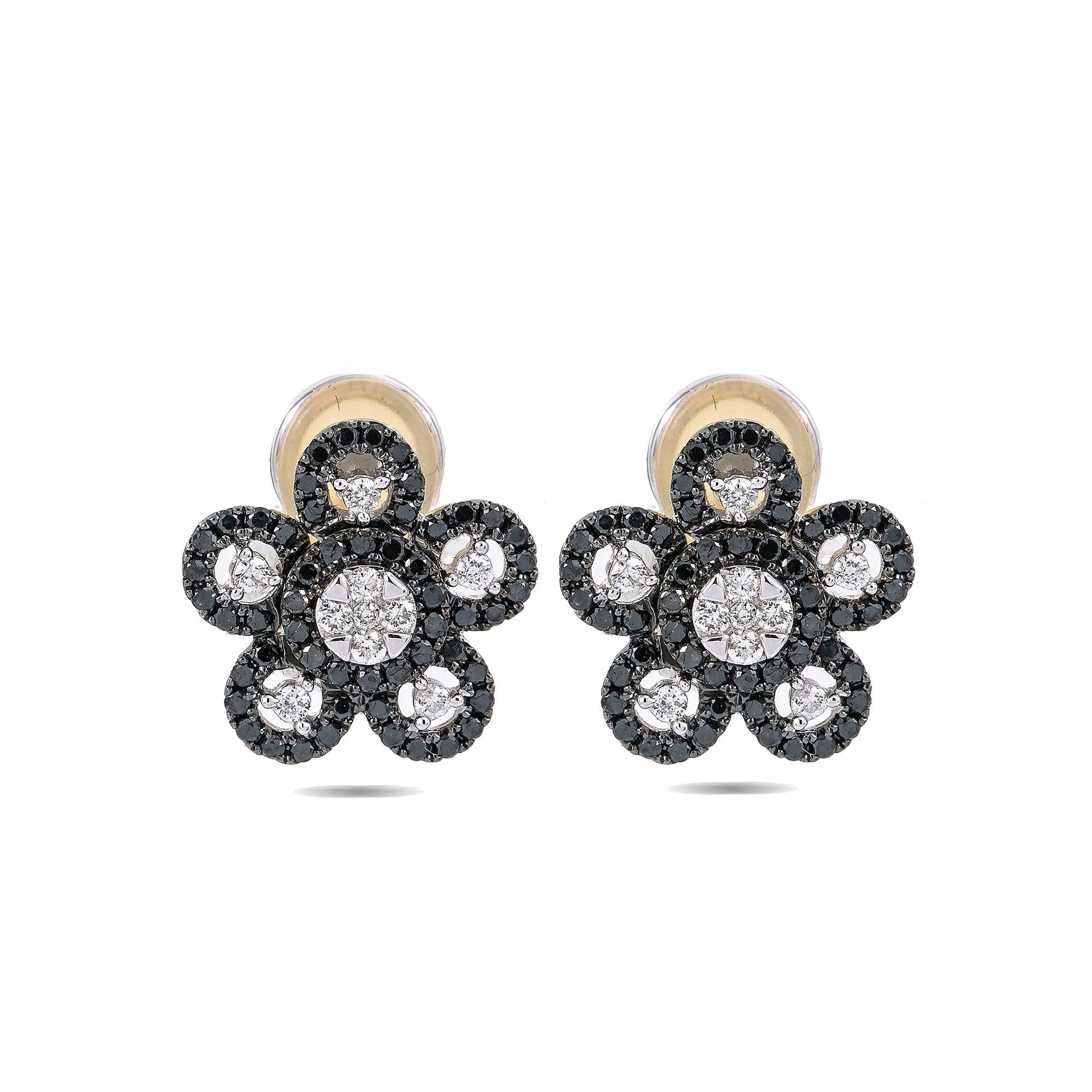 18K White Gold Flower Shaped Earrings With White and Black Diamonds
