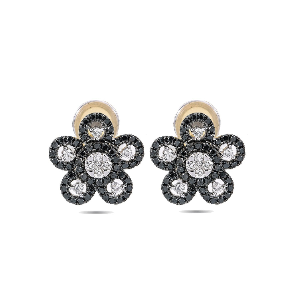 18K WHITE GOLD WHITE & BLACK DIAMOND FLOWER EARRINGS