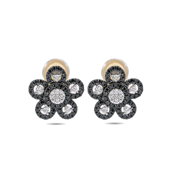 18K White Gold Flower Shaped Earrings With White and Black Diamonds