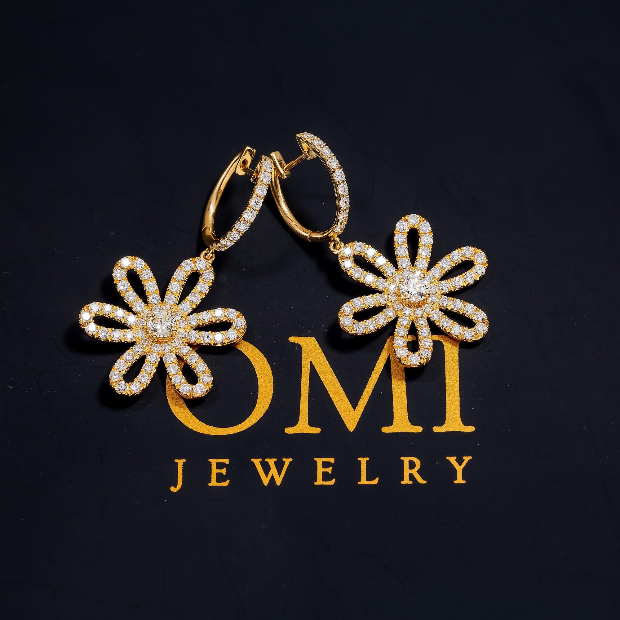 18K GOLD DIAMOND FLOWER DROP EARRINGS 2.57 CTW