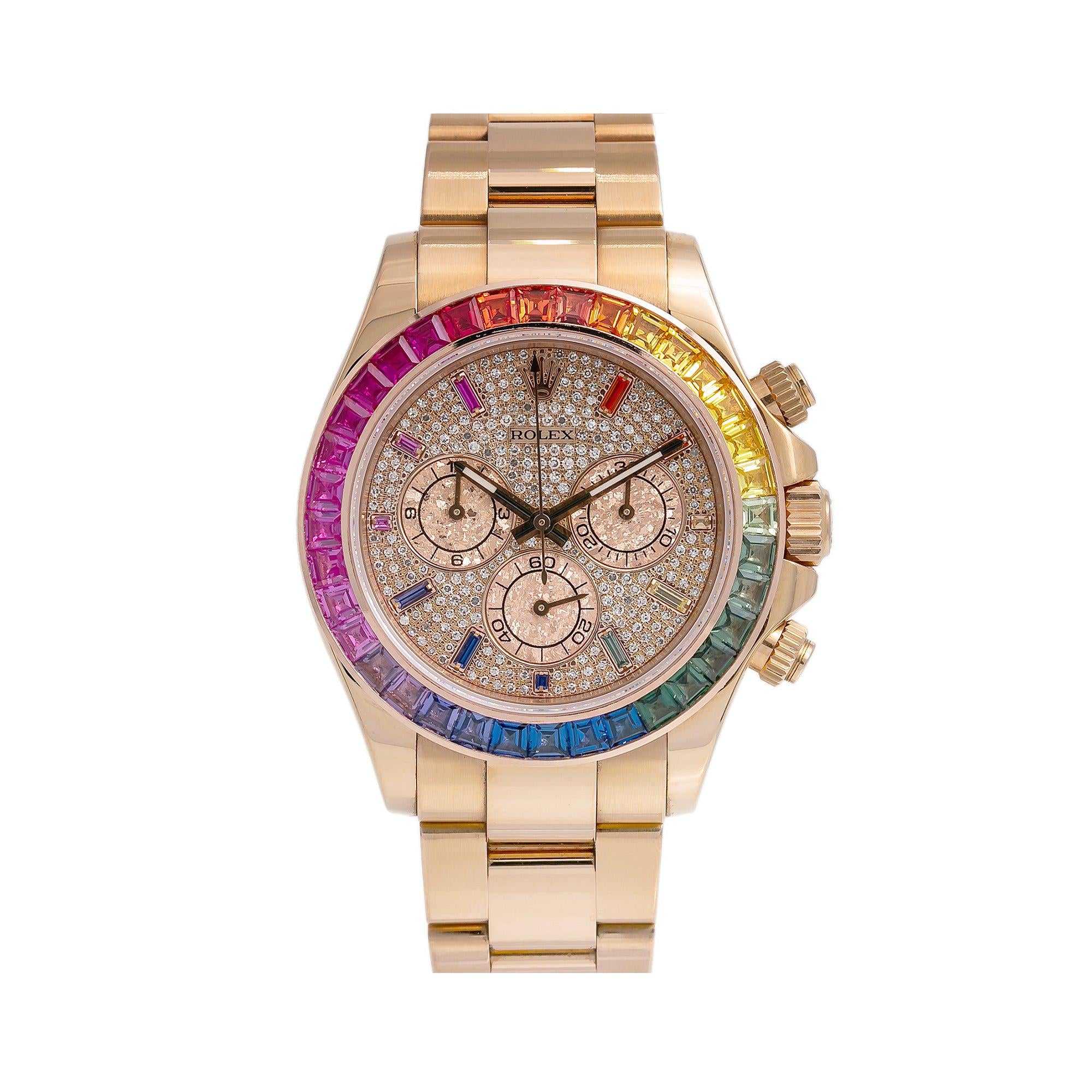 Rolex Cosmograph Daytona 40MM 116505 Diamond Paved Rainbow Hour Dial Rainbow Gemstone Bezel Rose Gold Oyster Bracelet