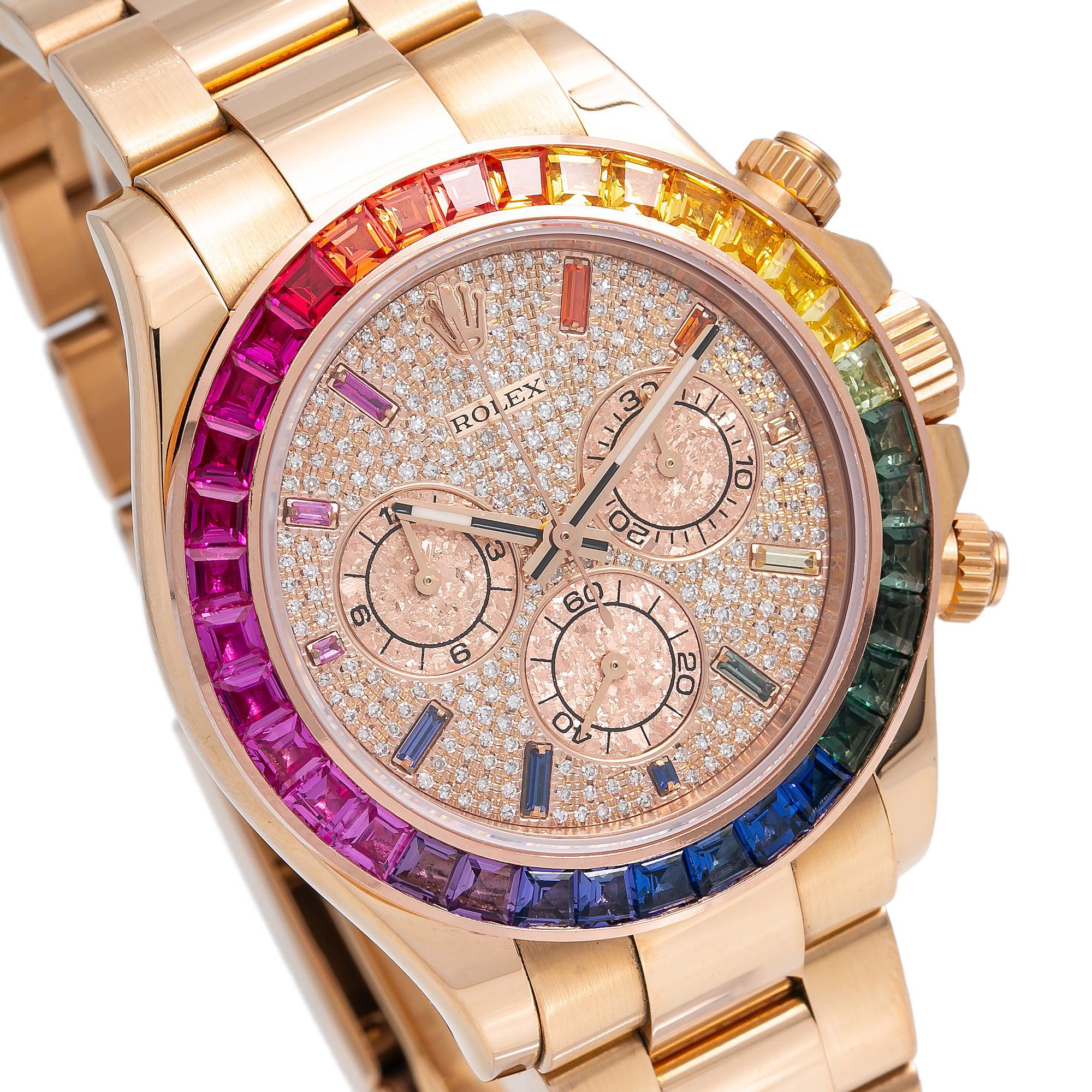 Rolex Cosmograph Daytona 40MM 116505 Diamond Paved Rainbow Hour Dial Rainbow Gemstone Bezel 18K Rose Gold Oyster Bracelet