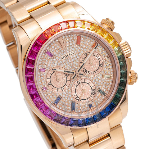Rolex Daytona Diamond Watch, 116505 40mm, Rainbow Diamond Dial With Rose Gold Oyster Bracelet