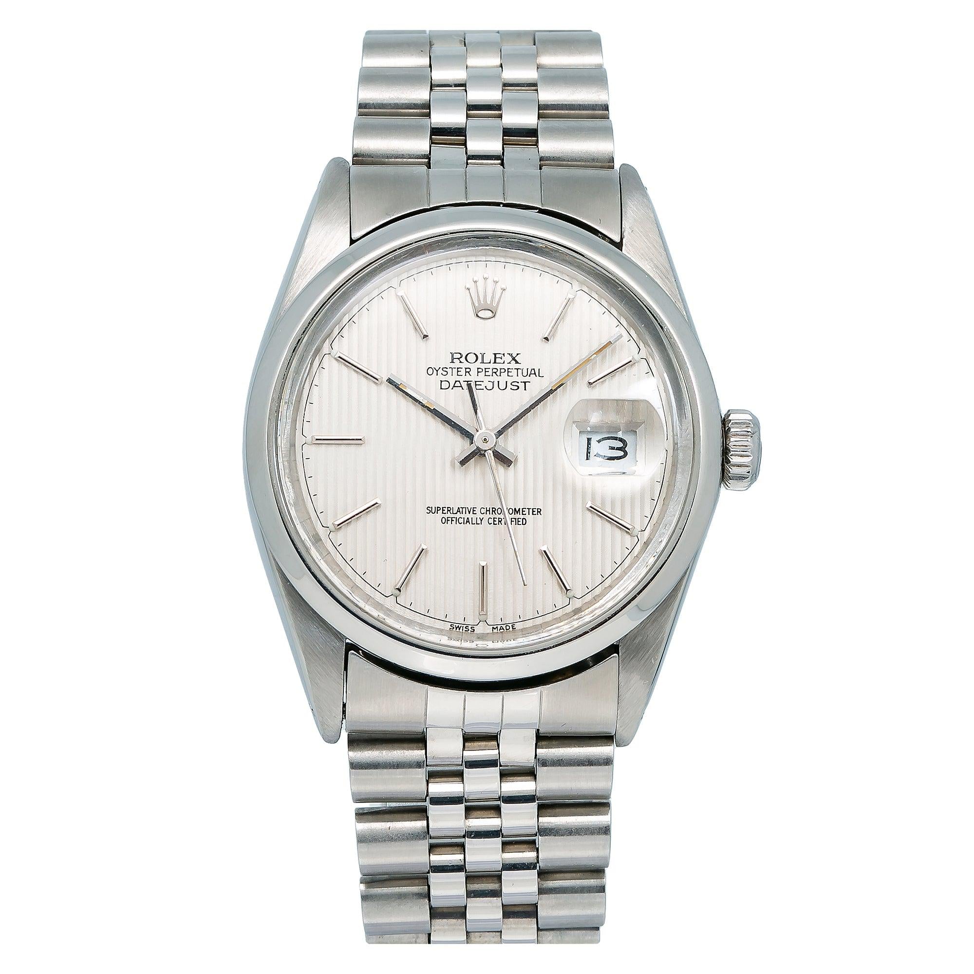 Rolex Datejust 36MM 16030 Silver Tapestry Dial Smooth Bezel Stainless Steel Jubilee Bracelet