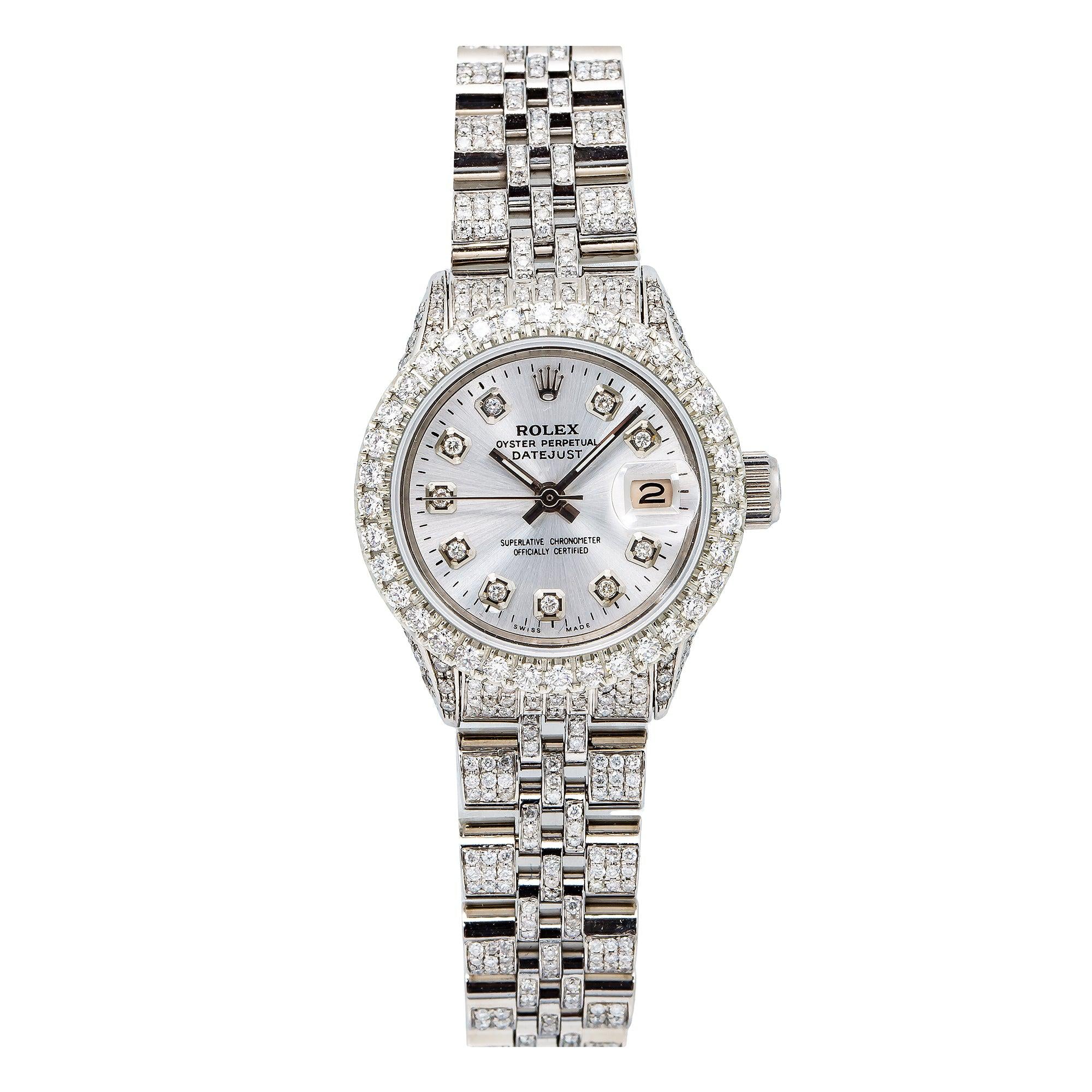 Rolex Datejust 26MM 6916 Silver Diamond Dial Diamond Bezel Full Diamond Oyster Bracelet 7.75ct