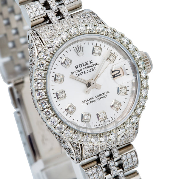 Rolex Oyster Perpetual Lady DateJust 26MM Silver Diamond Dial With 7.75 CT  Diamonds