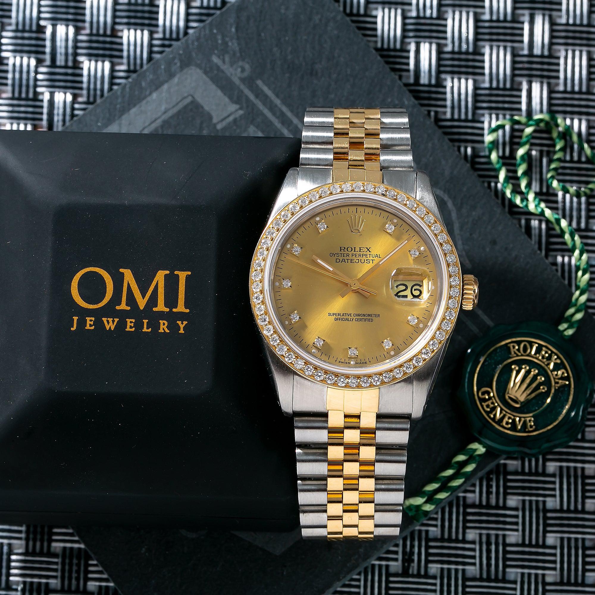 Rolex Datejust 36MM 16013 Champagne Diamond Dial Diamond Bezel Two Tone Yellow Gold Jubilee Bracelet