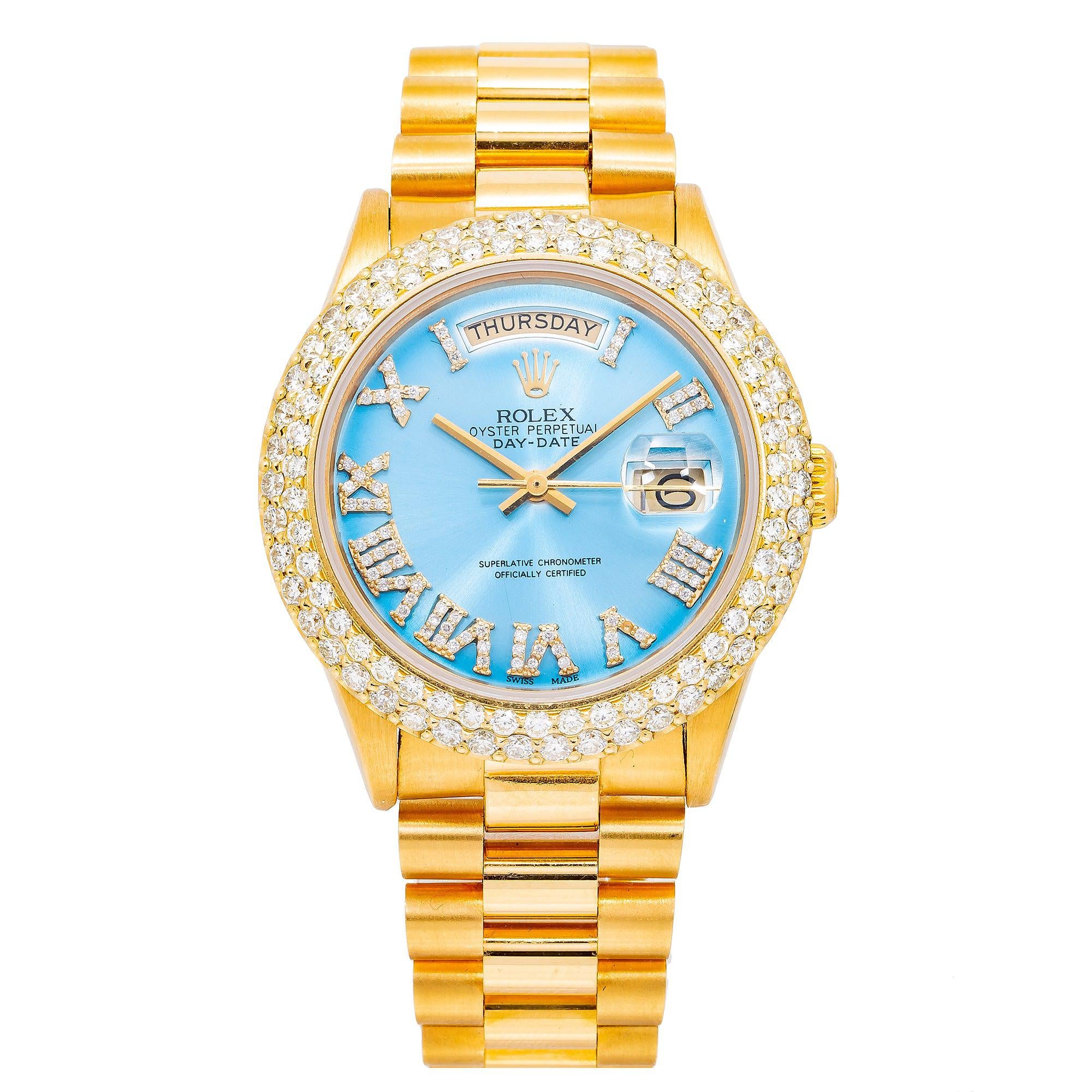 Rolex Day-Date 36MM 18038 Blue Roman Dial Diamond Bezel 18K Yellow Gold President Bracelet