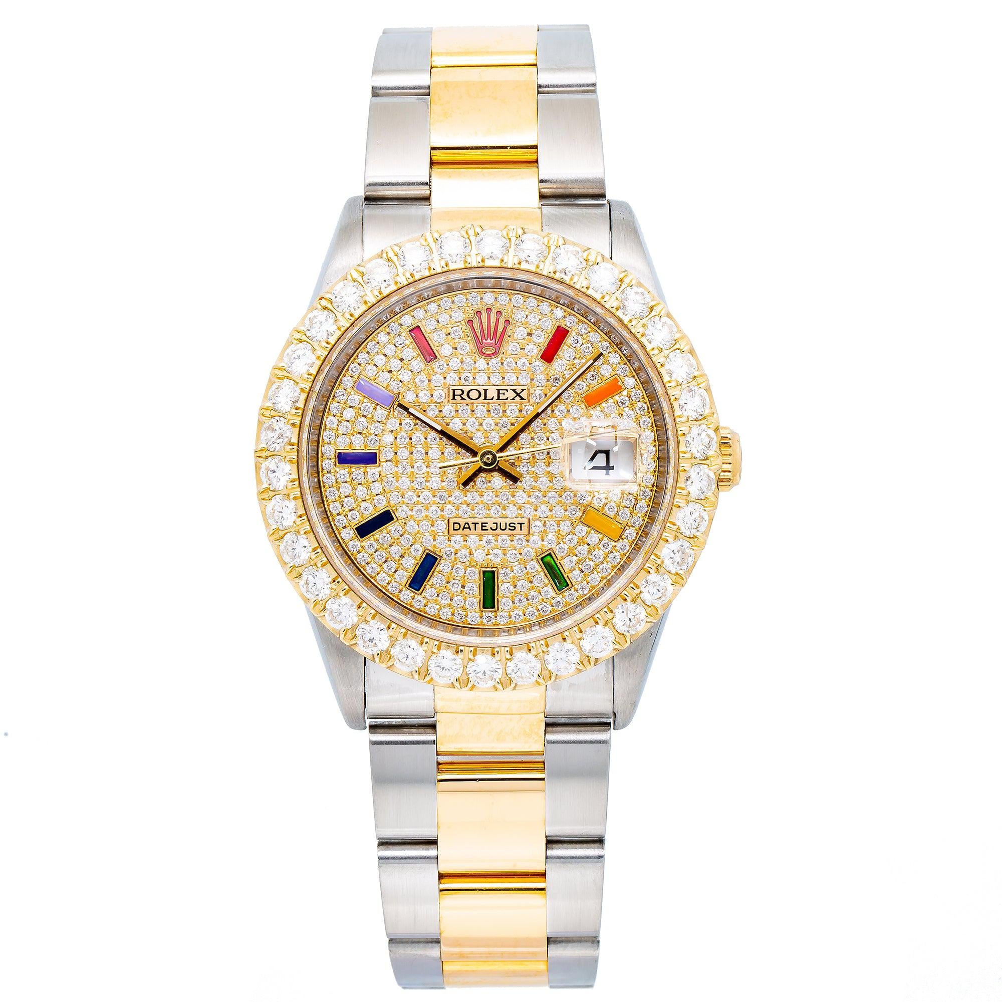 Rolex Datejust 36MM 16233 Diamond Paved Rainbow Hour Dial Diamond Bezel Two Tone Oyster Bracelet
