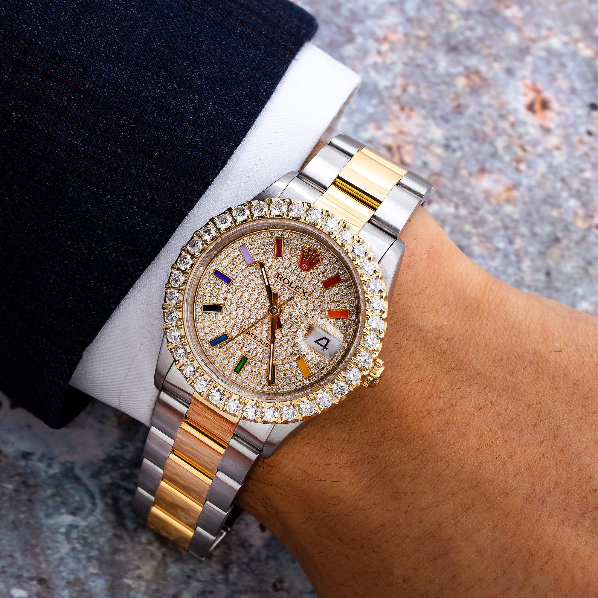 Rolex Datejust 36MM 16233 Diamond Paved Rainbow Hour Dial Diamond Bezel Two Tone Yellow Gold Oyster Bracelet