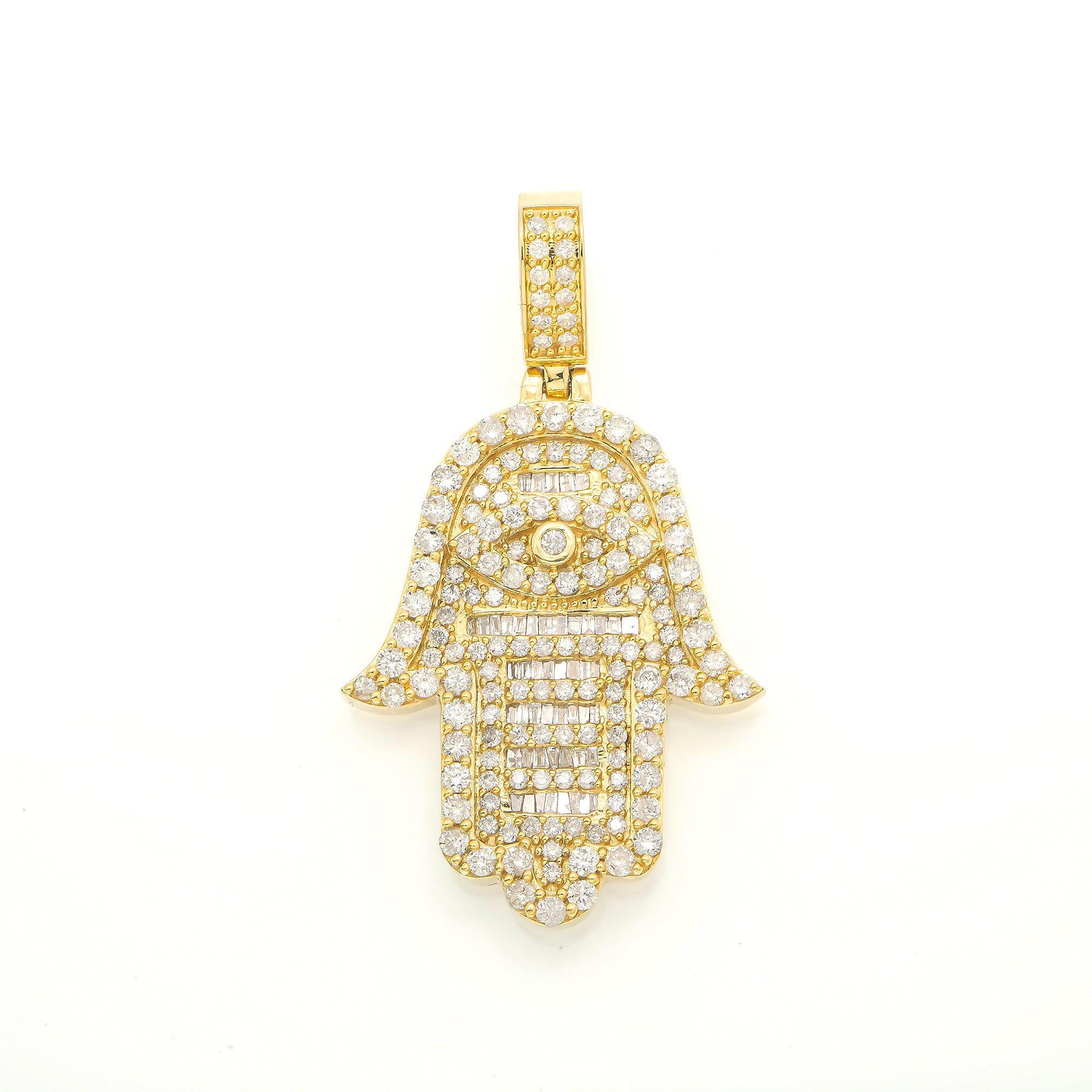14K GOLD DIAMOND HAMSA WITH EVIL EYE PENDANT 3.14 CT