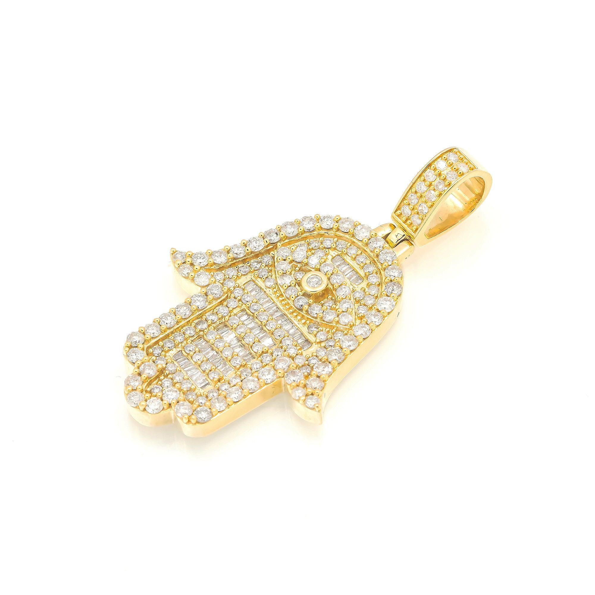 14K GOLD DIAMOND HAMSA WITH EVIL EYE PENDANT 3.14 CT