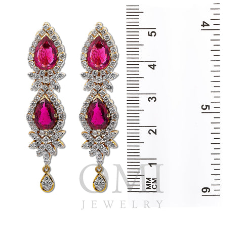 18K Yellow Gold  Tears Shaped Ladies Earrings With White Diamonds and Red Stone