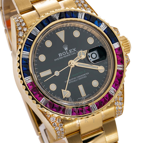 18K Yellow Gold Rolex GMT Master II 116718 40MM Black Dial With Multicolor Sapphire Bezel