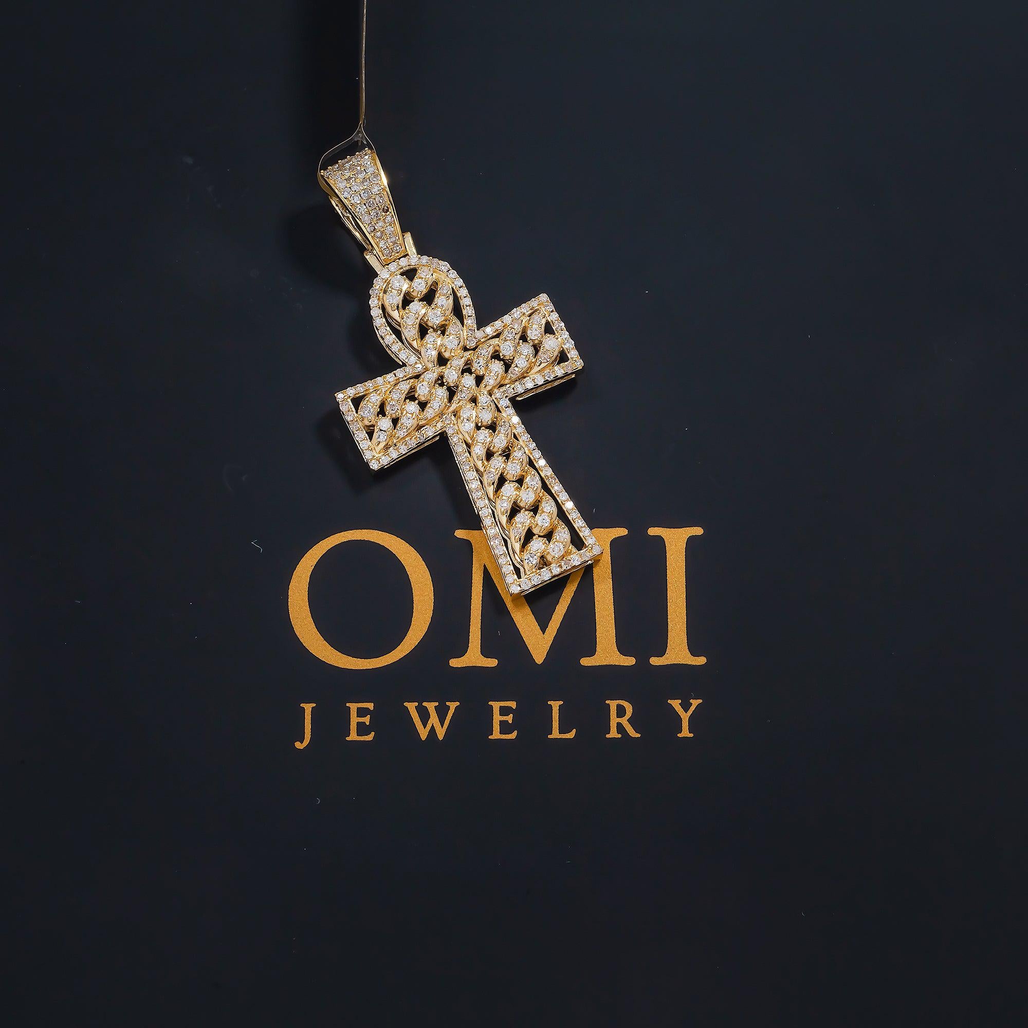14K GOLD DIAMOND CROSS PENDANT WITH CUBAN LINK DETAIL 1.06 CT